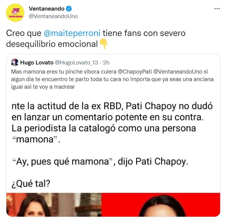 Tuit de 'Ventaneando' sobre los fans de Maite Perroni