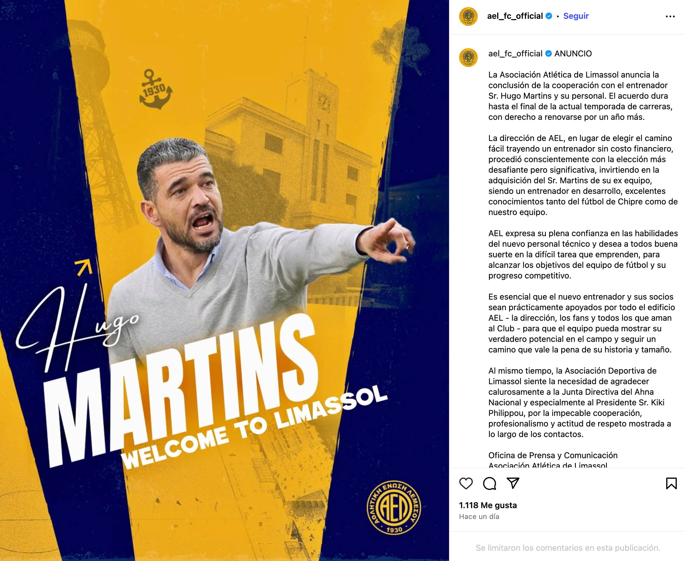 Comunicado del AEL Limassol