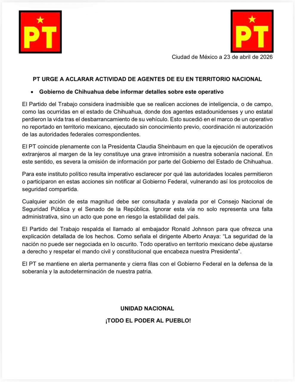 PT presiona a Maru Campos por agentes de Estados Unidos en Chihuahua