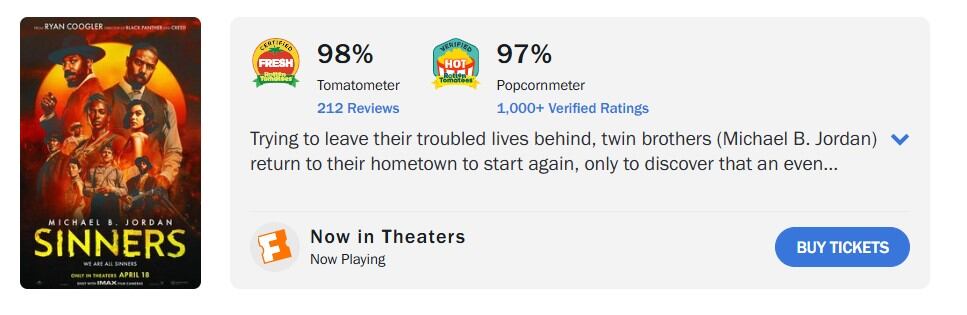 Sinners se gana a la audiencia y a la crítica con su calificación en Rotten Tomatoes.