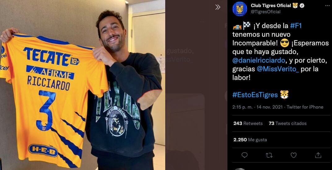 Tigres presumió a Daniel Ricciardo como su nuevo fan