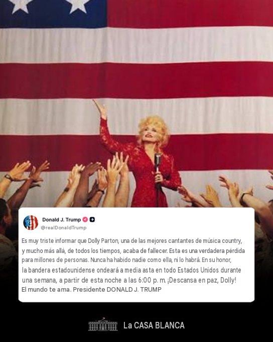 Trump decreta luto en Estados Unidos por la muerte de Dolly Parton