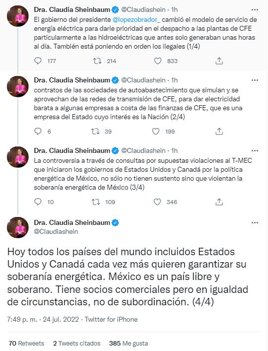 Claudia Sheinbaum acusa a Estados Unidos y Canadá de violentar la soberanía energética de México con controversias por el T-MEC