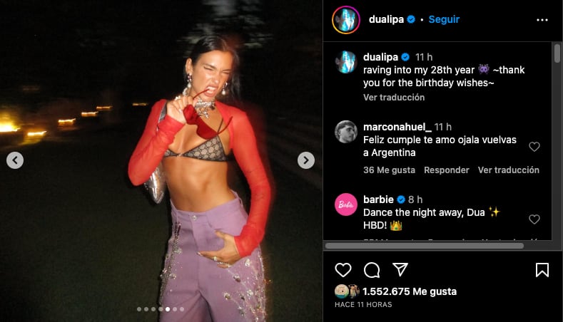 Dua Lipa cumplió 28 años y así fue como lo celebró