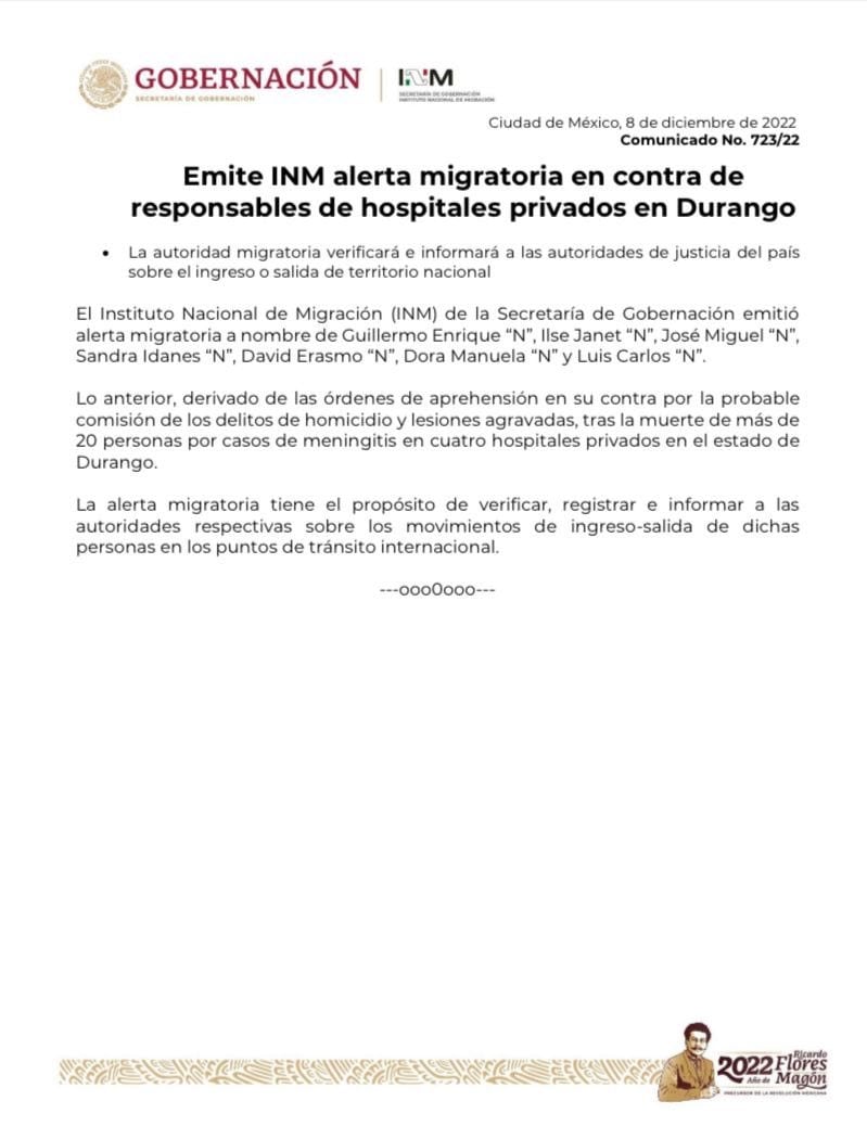 Meningitis en Durango: emiten alerta migratoria contra responsables de hospitales privados