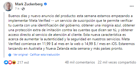 Mark Zuckerberg anuncia el lanzamiento de Meta Verified para obtener la palomita azul de verificación