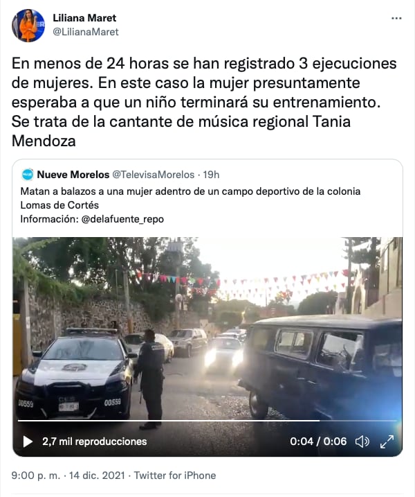 Tuit sobre la muerte de Tania Mendoza/@LilianaMaret