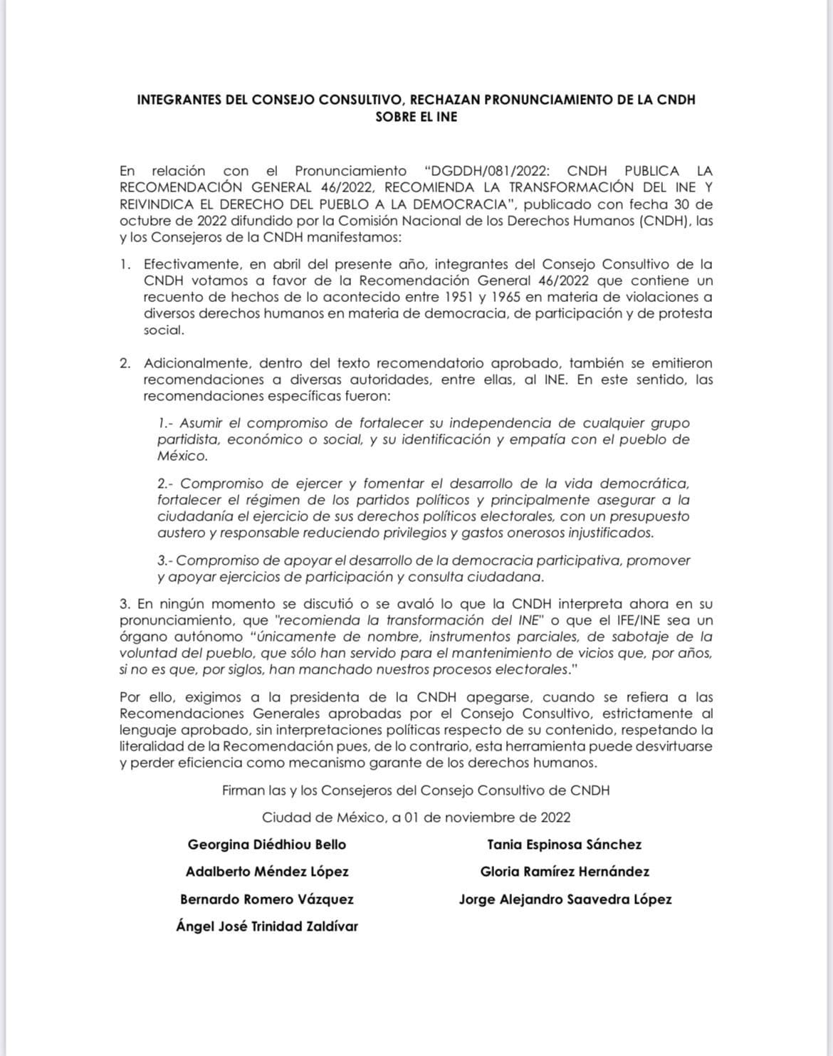 Pronunciamiento del Consejo Consultivo de la CNDH