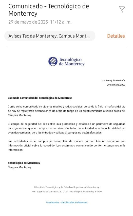 Tec de Monterrey no suspenderá clases por balacera cerca de sus instalaciones