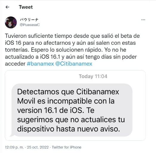 Denuncia de usuario por la app Citibanamex