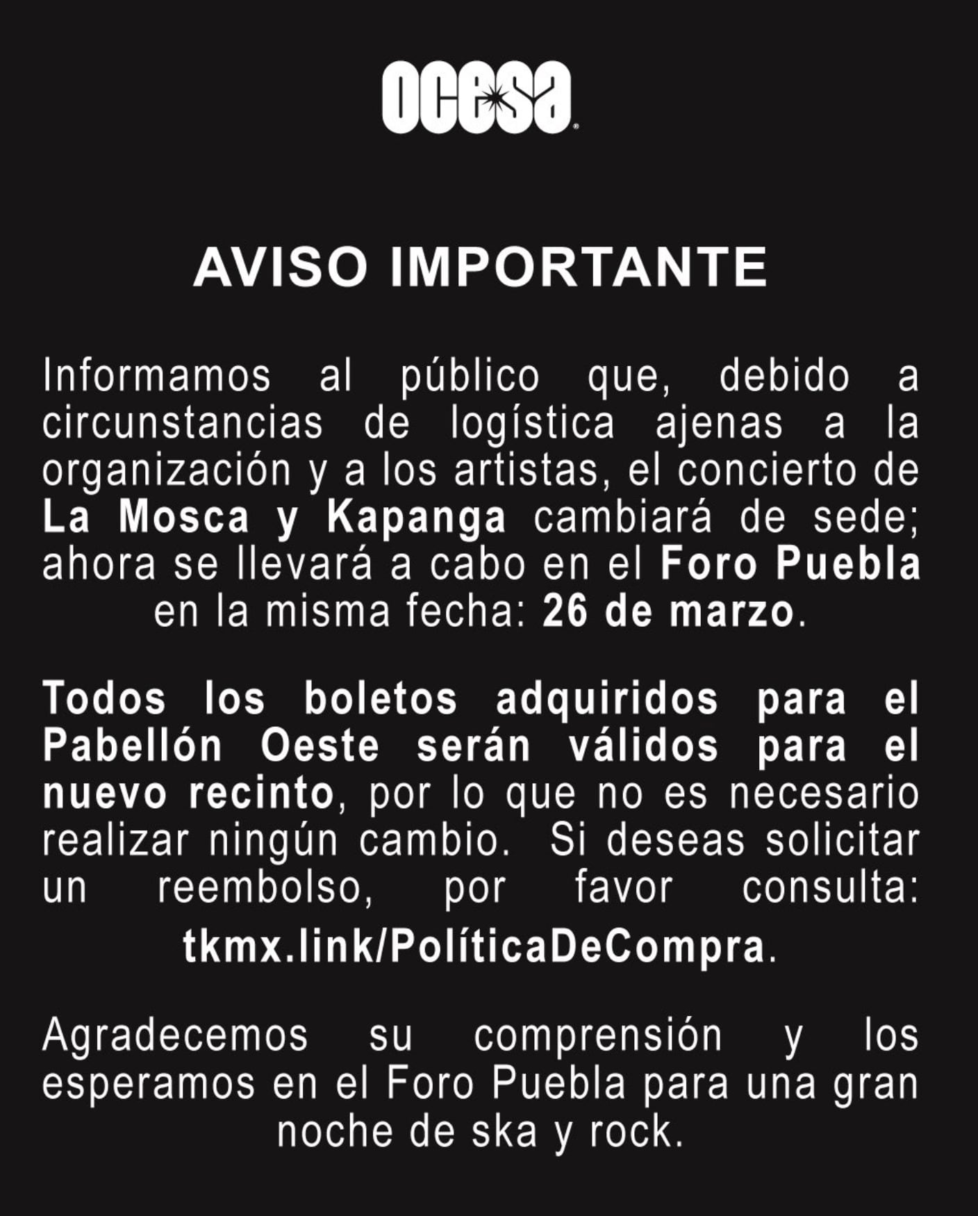 Concierto de La Mosca y Kapanga cambia de lugar