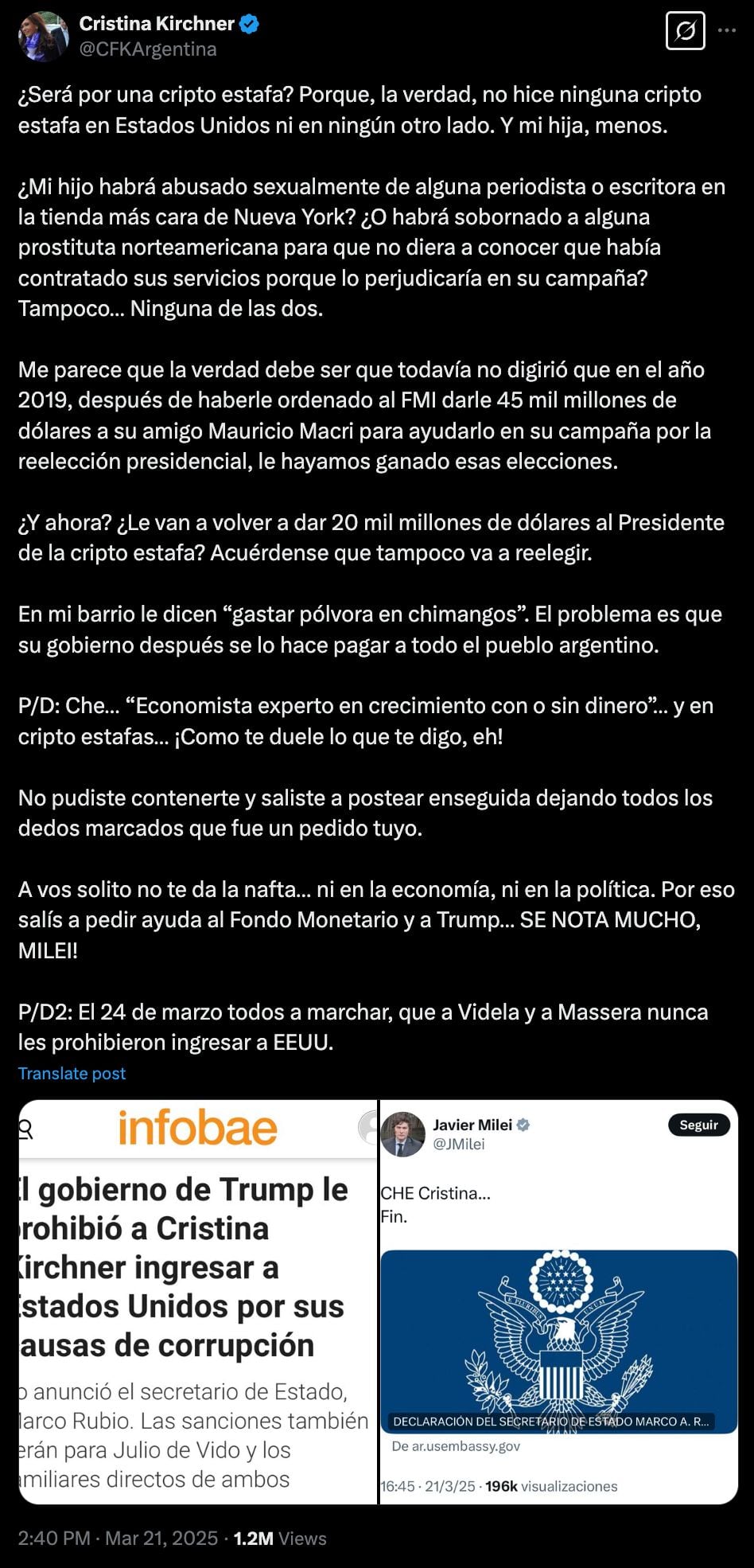 Javier Milei y Cristina Fernandez