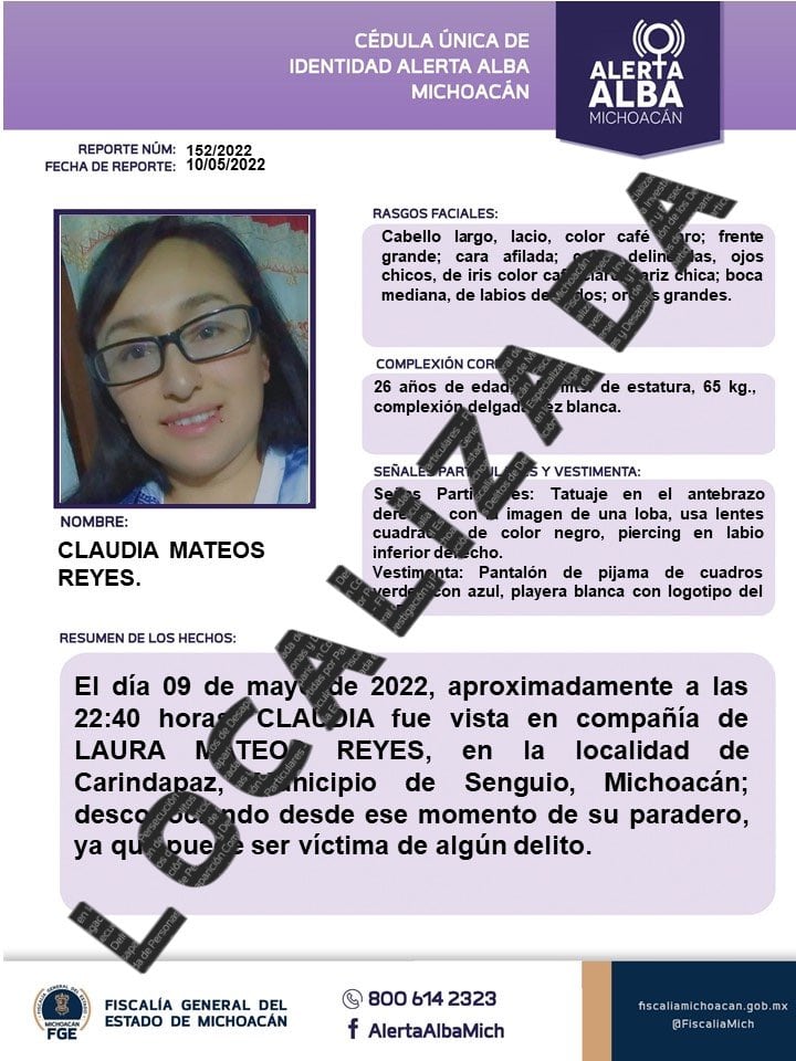 Claudia fue localizada el 11 de mayo