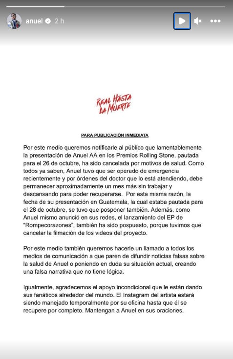 Anuel AA suspende sus actividades hasta nuevo aviso