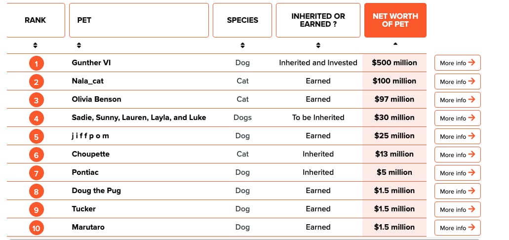 Mascotas mas ricas en donde Choupette de Karl Lagerfeld está en el top 10