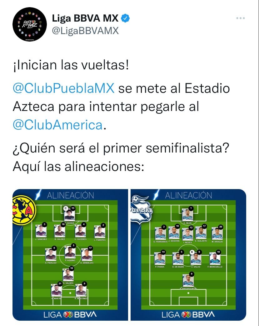América y Puebla listos con las alineaciones del partido.