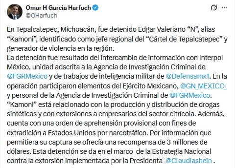 Omar García Harfuch informa la detención de "El Kamoni", líder regional del Cártel de Tepalcatepec.