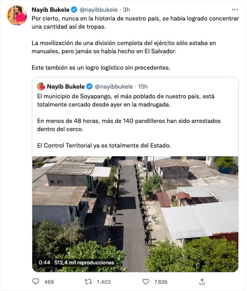 Nayib Bukele señala que uso del Ejército da resultados