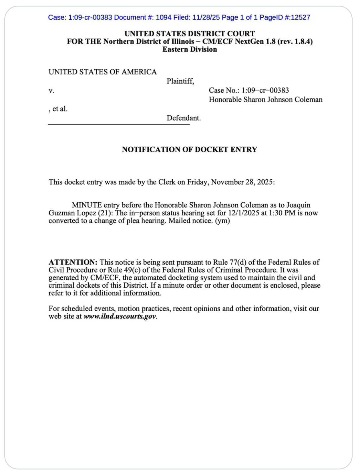 Notificación de Joaquín Guzmán López