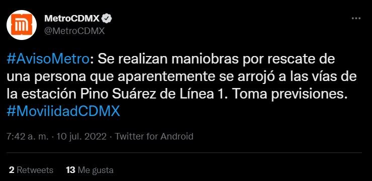 El Metro de la CDMX informa que una persona se arrojó en la Línea 1