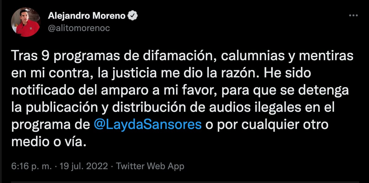 Conceden amparo a Alejandro Moreno Cárdenas: audios ya no podrán ser compartidos por Layda Sansores en el Martes del Jaguar o en otros medios