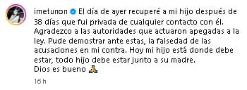 Mensaje de Imelda Garza Tuñón al recuperar a su hijo.