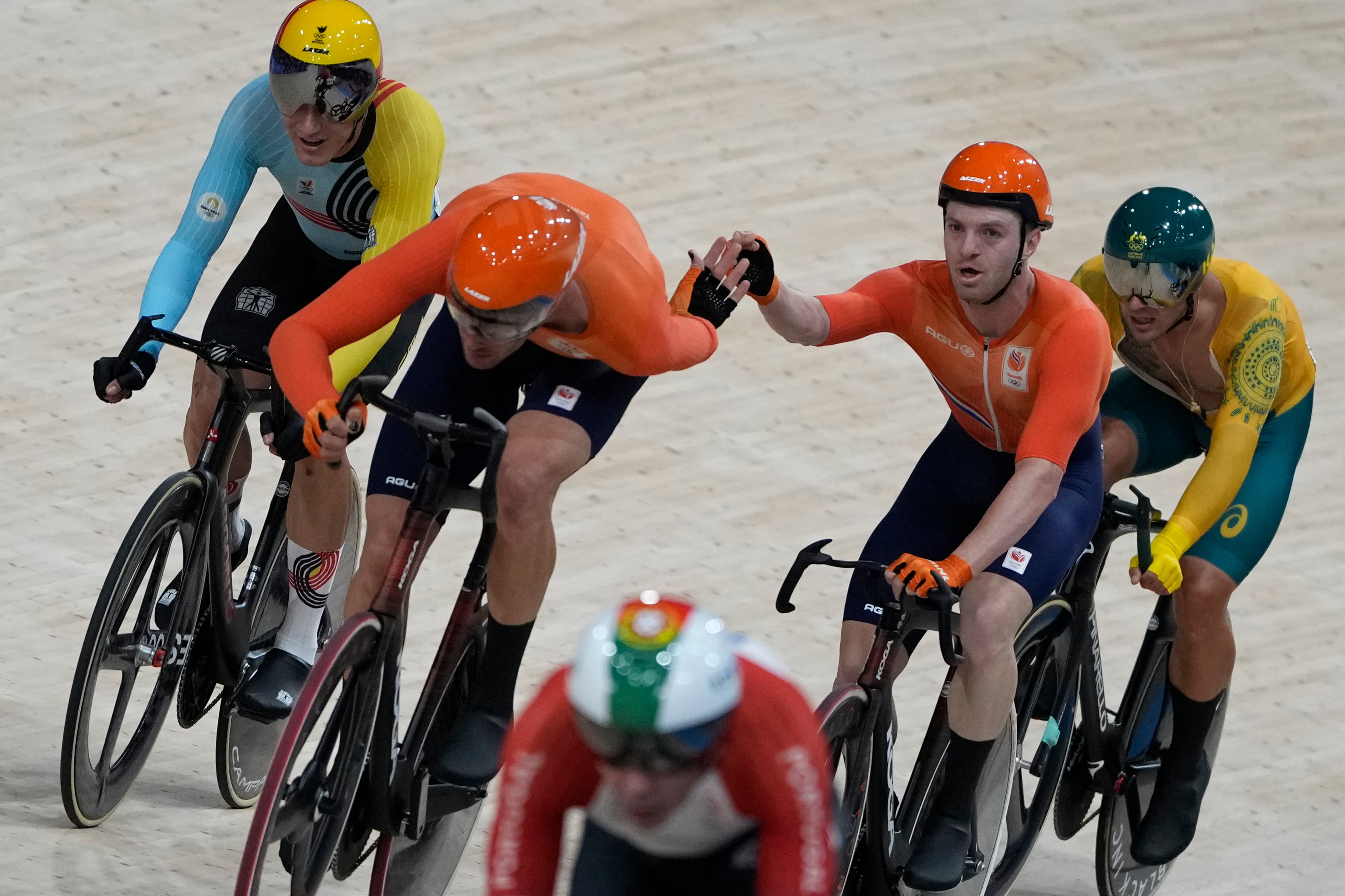 Equipo de Países Bajos en el Madison masculino.
