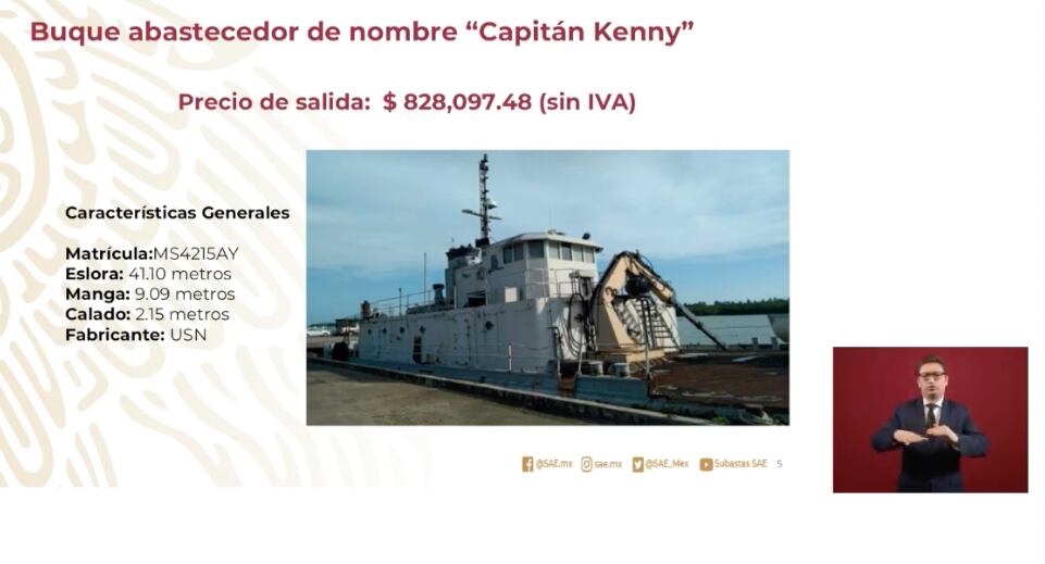 Buque carguero que será subastado en Los Pinos
