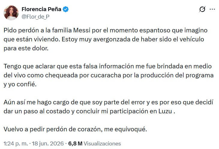 Florencia Peña se disculpa con la familia de Messi