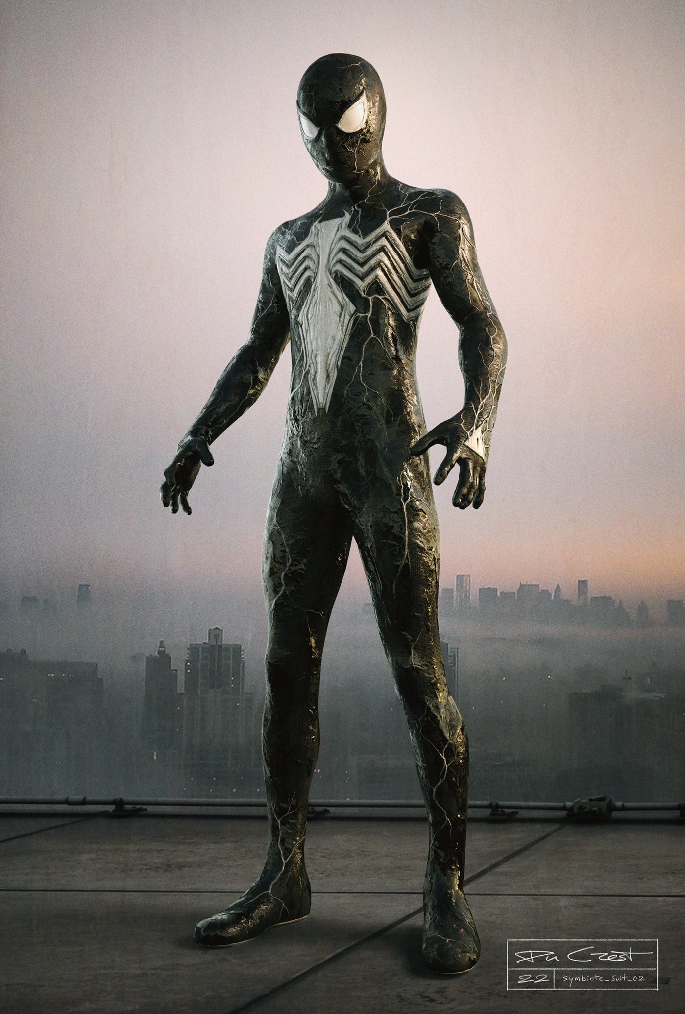 Arte conceptual de Tom Holland con traje de simbionte