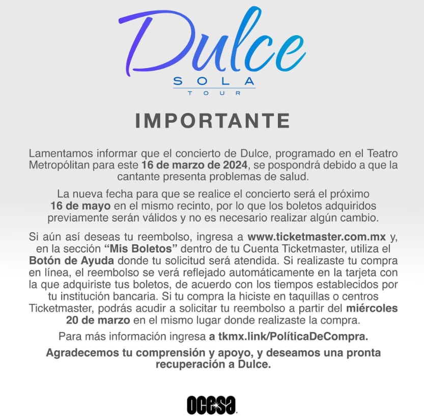Dulce pospone su concierto en el Teatro Metropólitan