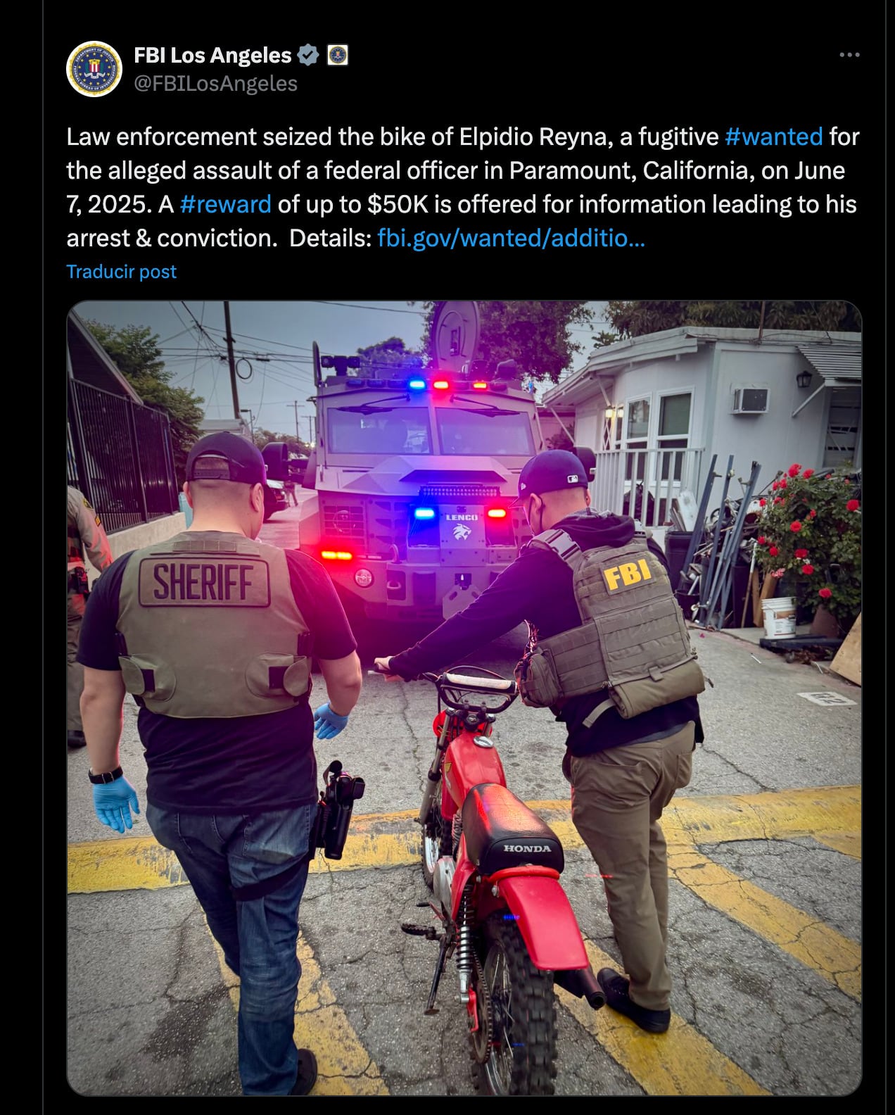 FBI asegura motocicleta de Elpidio Reyna