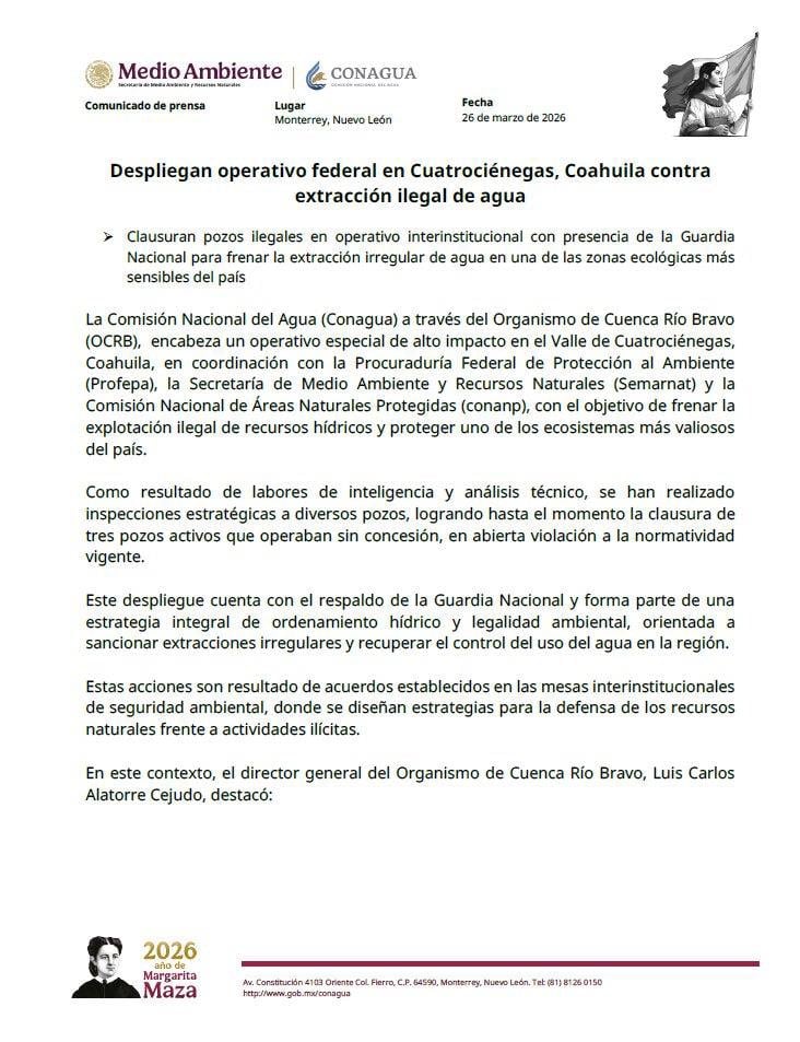 Conagua informa la clausura de Cuatro Ciénegas, Coahuila.