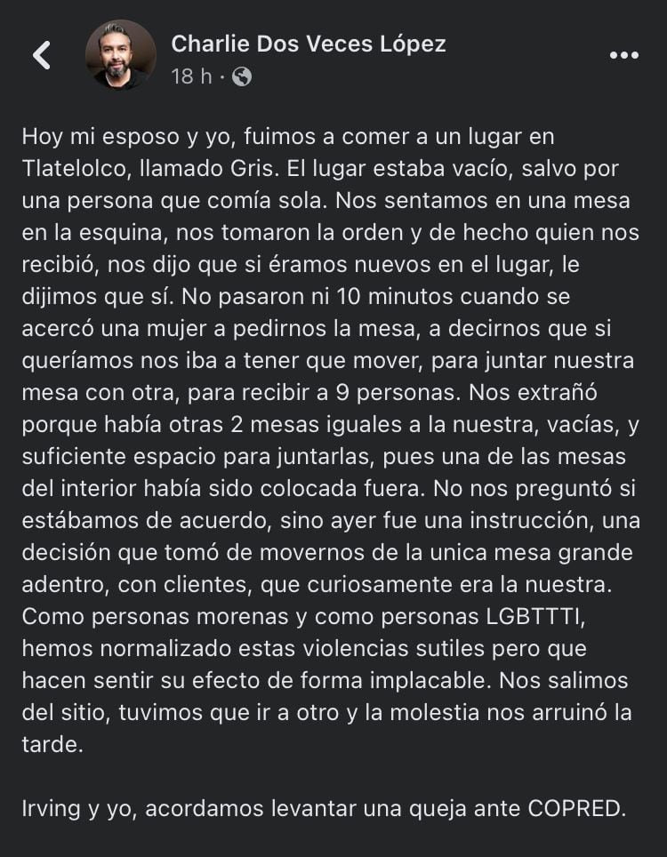 Denuncia de discriminación en el restaurante Gris