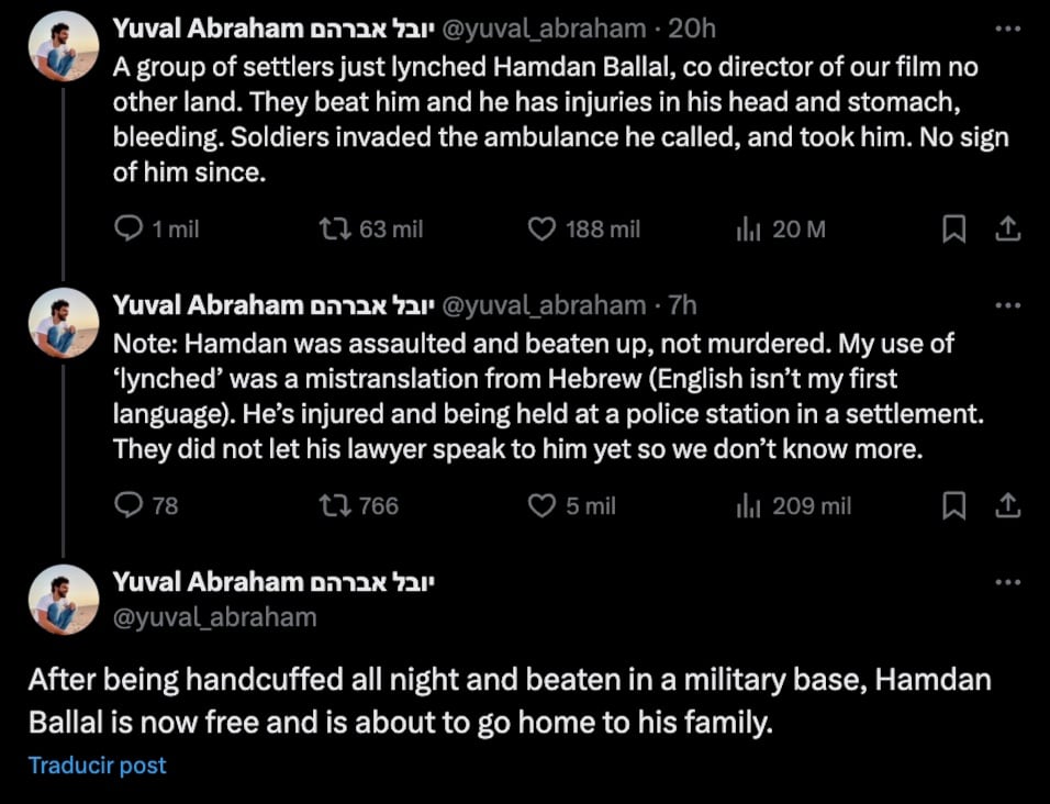 Yuval Abraham informa situación de Hamdan Ballal, director ganador de un Oscar