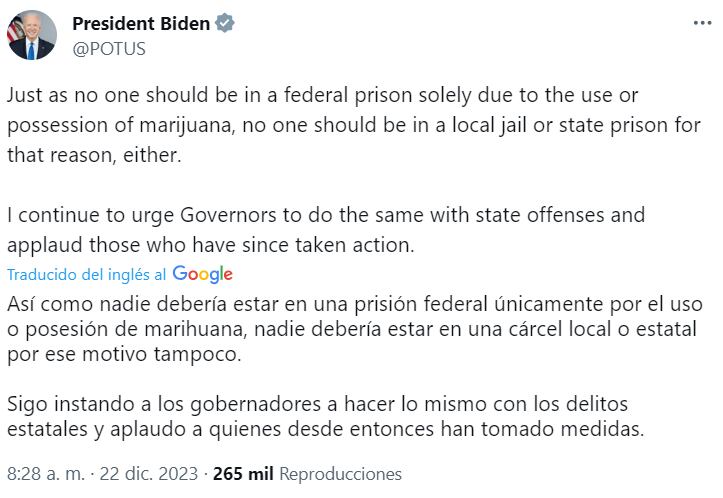 El presidente Joe Biden pidió a autoridades locales y estatales perdonar a delincuentes encerrados por delitos de marihuana