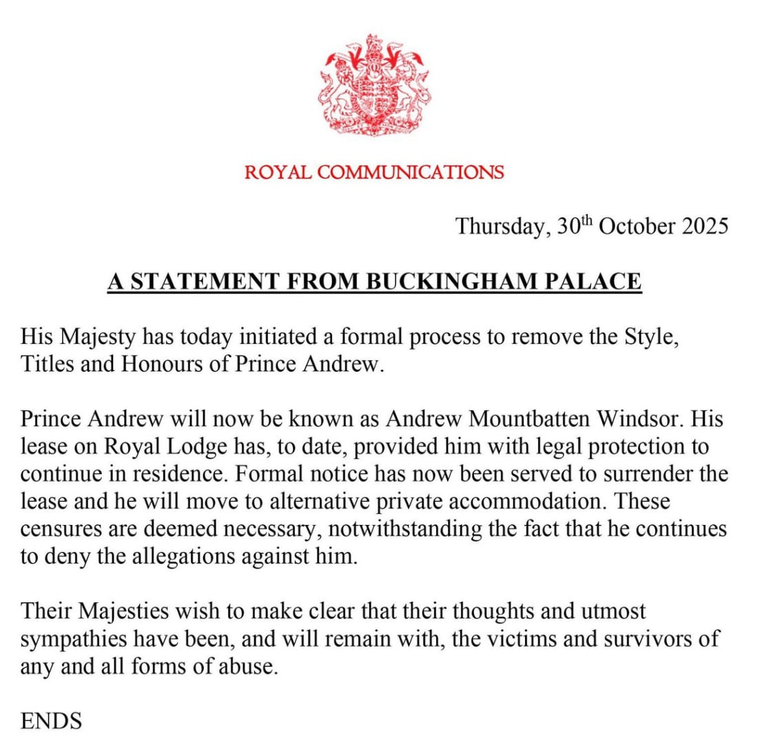 Carlos III retira los títulos reales a le príncipe Andrés