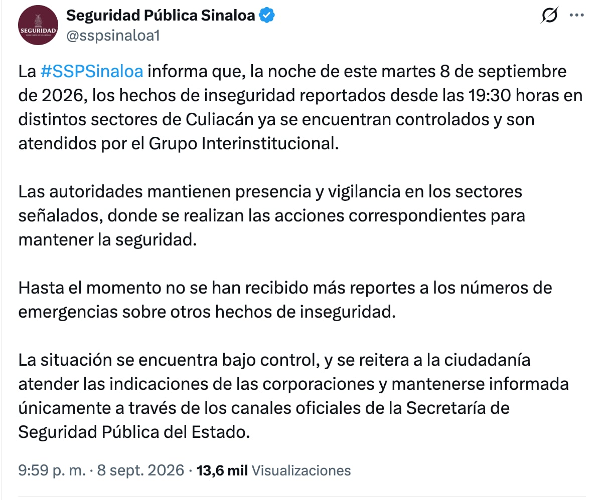 Se registran hechos violentos en Culiacán, Sinaloa