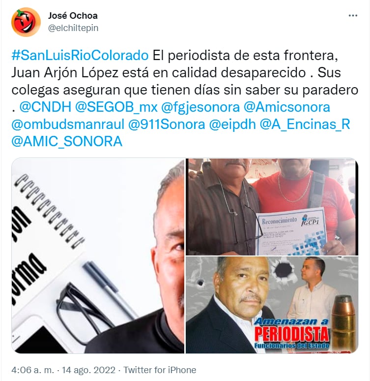 Reporta la desaparición del periodista independiente Juan Arjón López en Sonora/Twitter