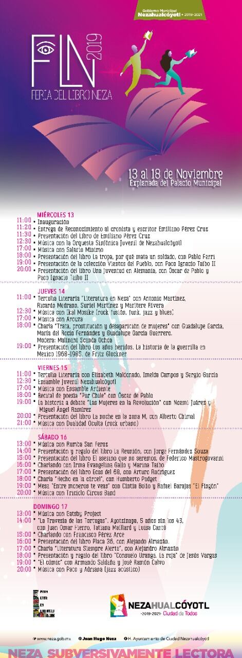Este es el programa de actividades de la Feria del Libro Neza 2019, que se celebrará del 13 al 18 de noviembre.