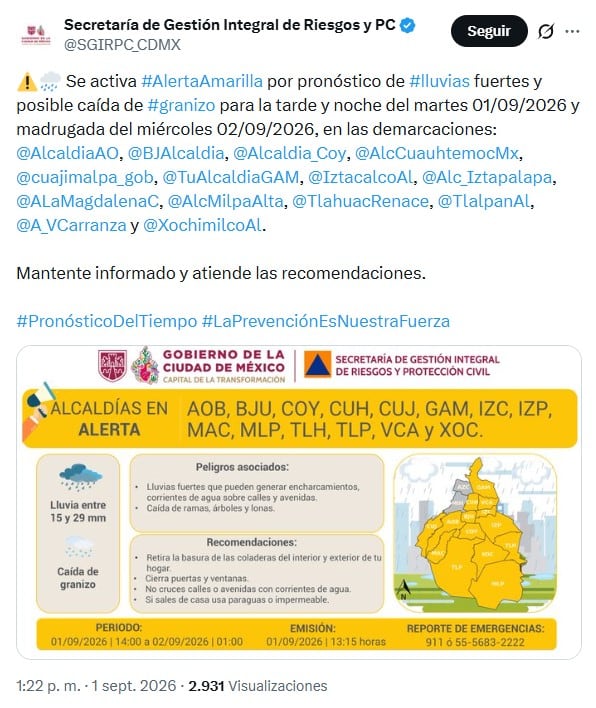 CDMX activa Alerta Amarilla por lluvias y granizo en 14 alcaldías