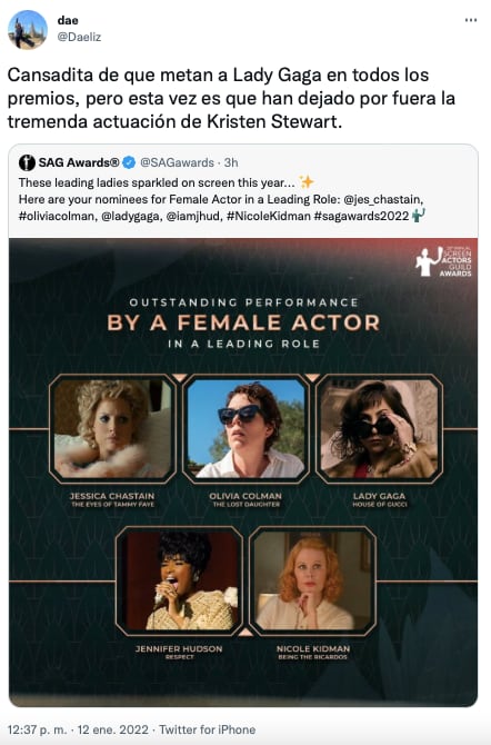 SAG Awards 2022: Se quejan en redes porque Kristen Stewart no fue nominada