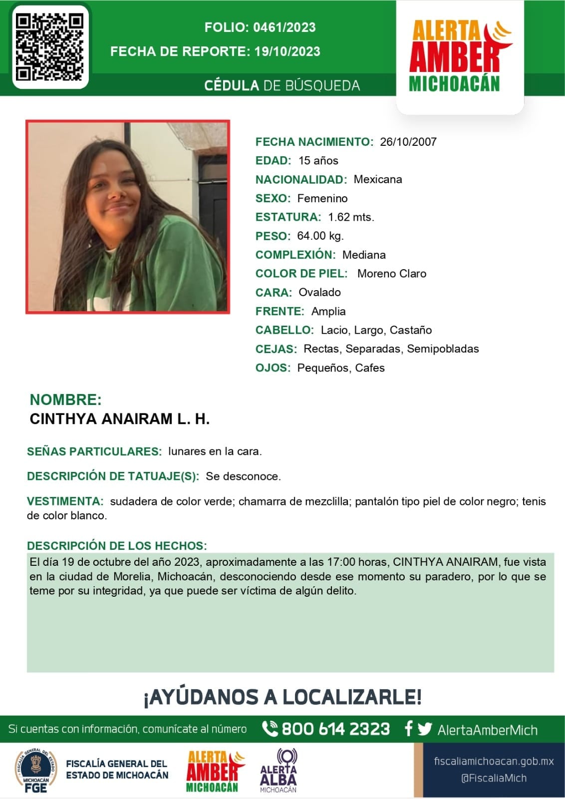 Alerta Amber por desaparición de Cinthya Anairam