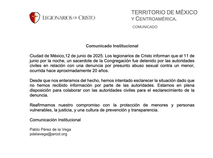 Legionarios de Cristo sobre la detención de uno de sus sacerdotes.