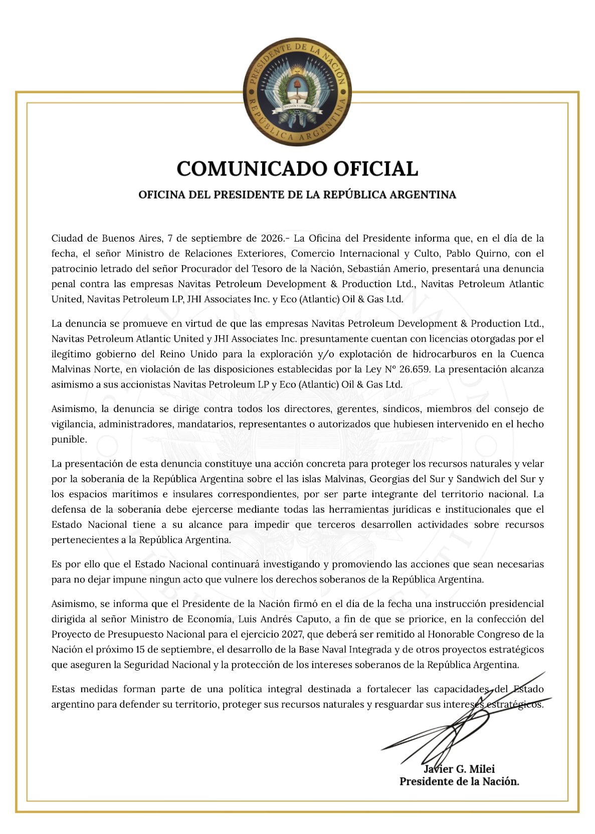 Argentina denunciará a cinco empresas por explorar petróleo en las Islas Malvinas