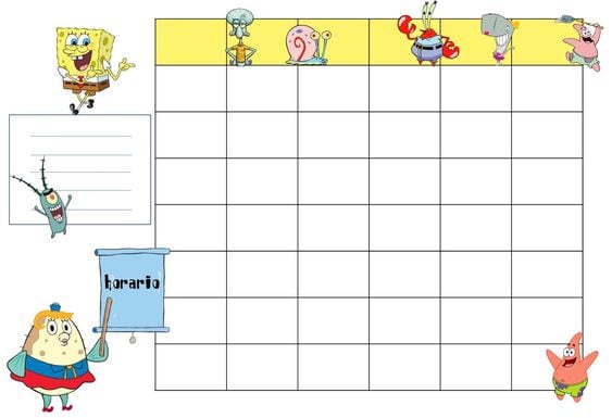 Horario escolar de Bob Esponja para imprimir