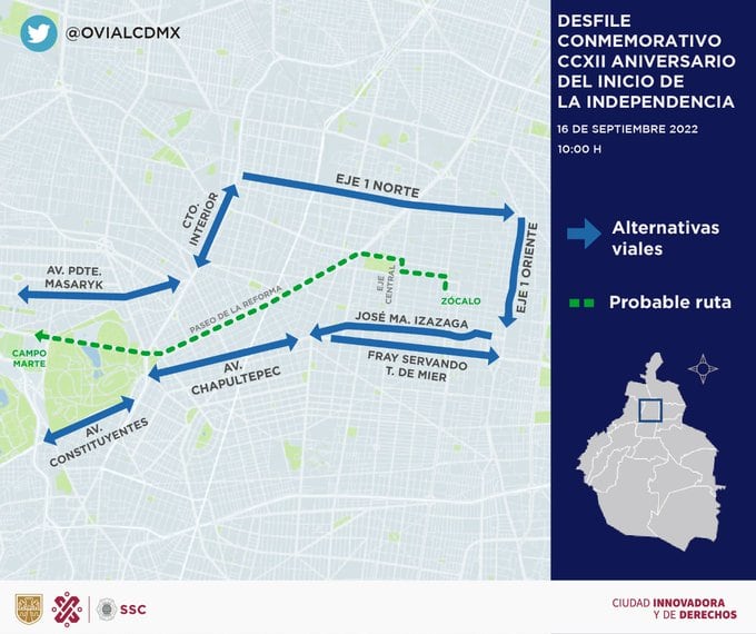 Mapa de alternativas viales para trasladarse este 16 de septiembre