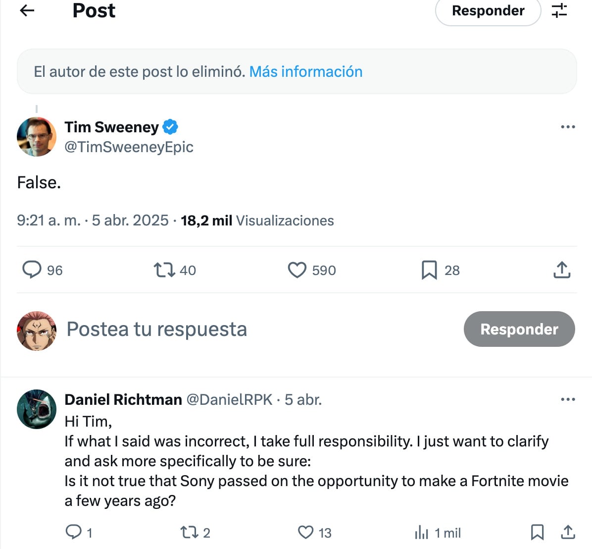 Tim Sweeney, director de Epic Games, niega rumores sobre una película de Fornite