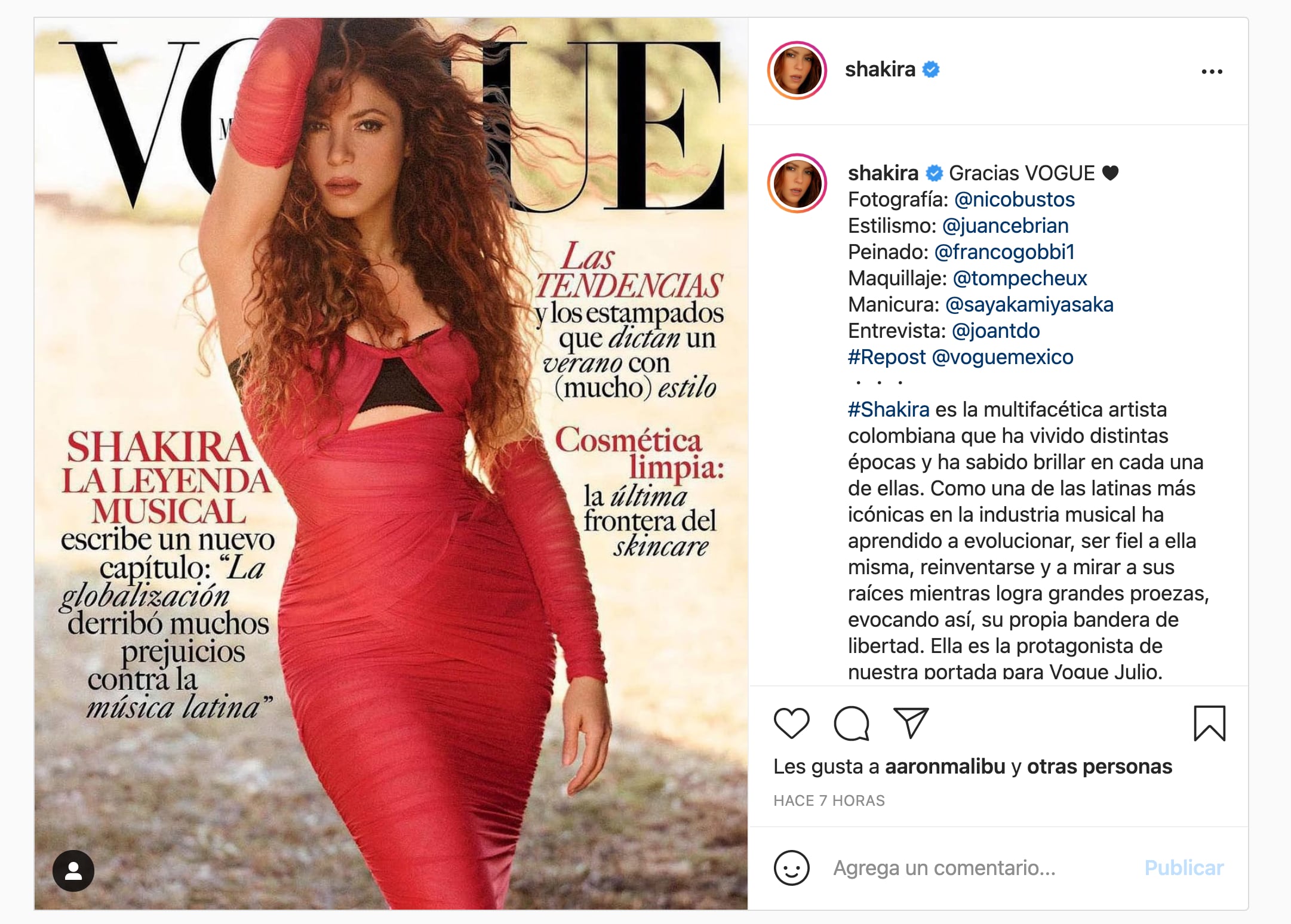 Shakira en portada de Vogue México