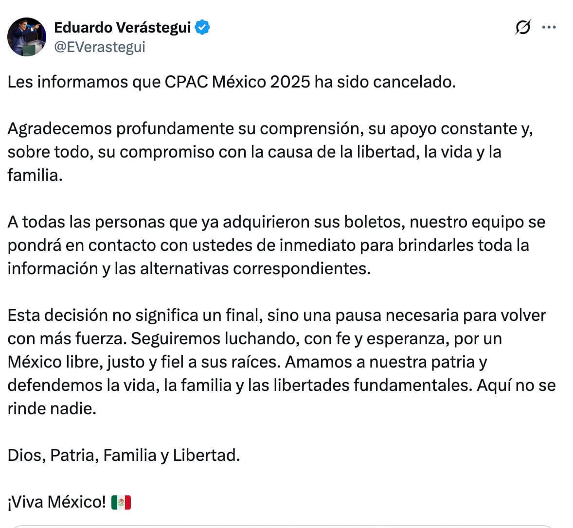 Eduardo Verástegui confirma la cancelación de su evento en CDMX